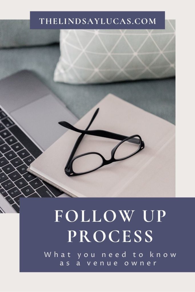 A pair of eyeglasses sitting on a notebook and a Macbook on a gray couch with a baby blue throw pillow; image overlaid with text that reads Follow Up Process What You Need to Know as a Venue Owner