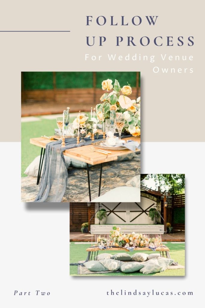 Collage of photos of a picnic set-up for a wedding venue; image overlaid with text that reads Follow-Up Process for Wedding Venue Owners Part Two